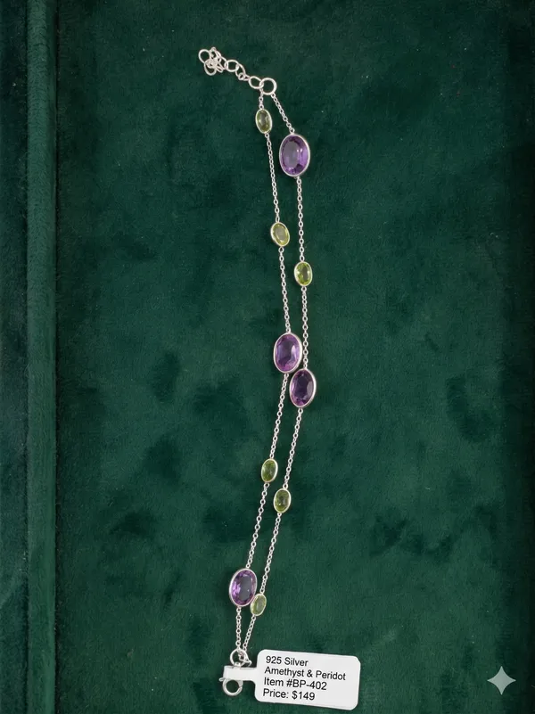 925_Silver_Jewellery_Amethyst_Peridot_Dual_Layred_Bracelet