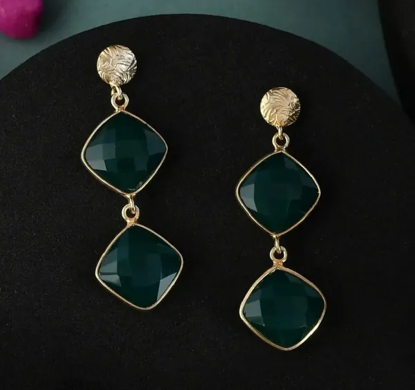 925_Silver_Jewellery_Green_Faceted_Stone_Gold_Tone_Dangle_Earrings_For_Women