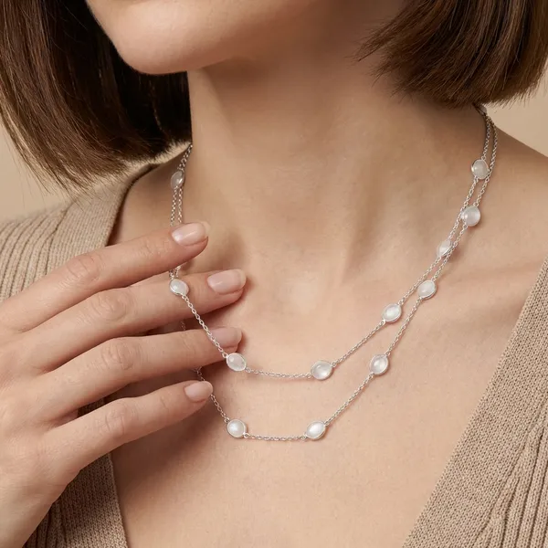 925_Silver_Jewellery_White_Moonstone_Silver_Chain_Long_Necklace_Set_For_Women