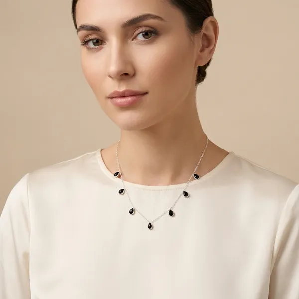 925_Silver_Jewellery_Black_Onyx_Stone_Silver_Chain_Teardrop_Necklace_For_Women