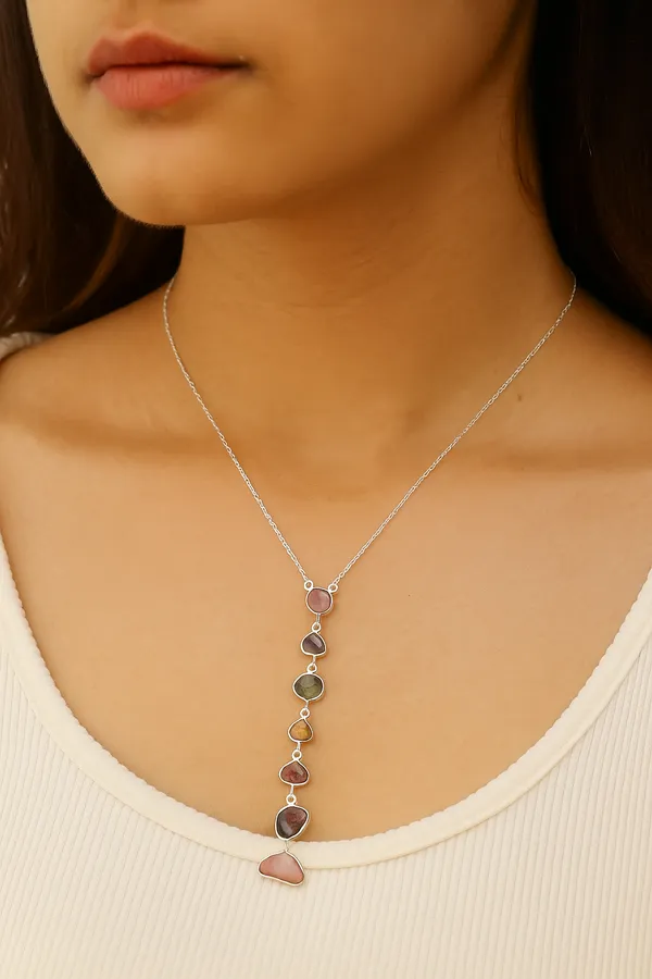 925_Silver_Jewellery_Multicolor_Tourmaline_Silver_Vertical_Drop_Necklace_For_Women