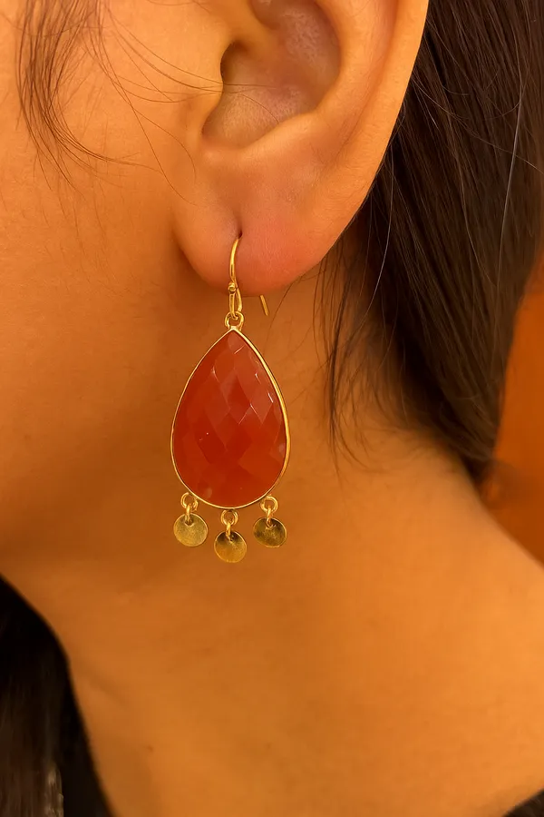 925_Silver_Jewellery_Orange_Carnelian_Gold_Tone_Teardrop_Disc_Drop_Earrings_For_Women