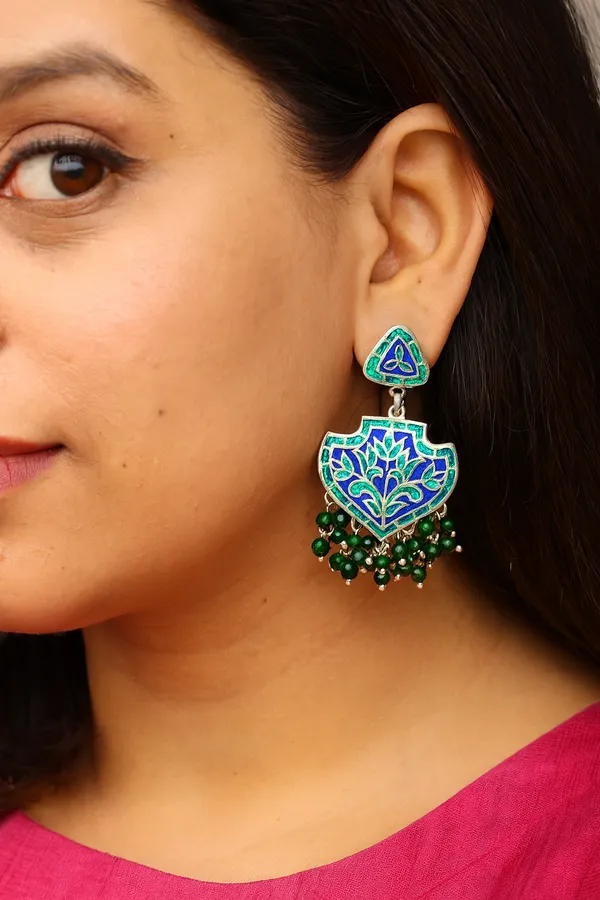 925_Silver_Jewellery_Blue_Green_Meenakari_Beaded_Tassel_Dangle_Earrings_For_Women