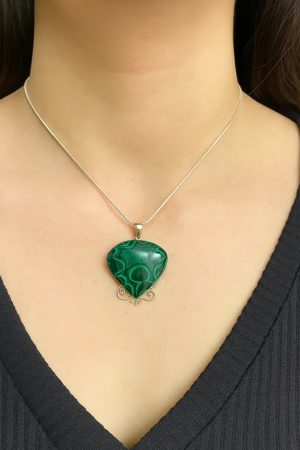 925_Silver_Jewellery_Green_Malachite_Silver_Chain_Pendant_Necklace_For_Women