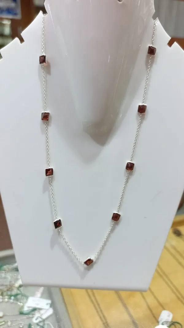 925_Silver_Jewellery_Red_Garnet_Cube_Silver_Chain_Necklace_For_Women