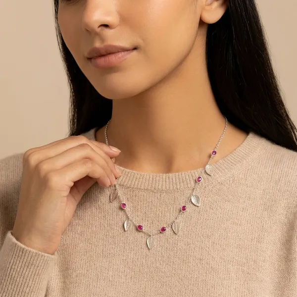 925_Silver_Jewellery_Red_Ruby_Moonstone_Leaf_Necklace_For_Women