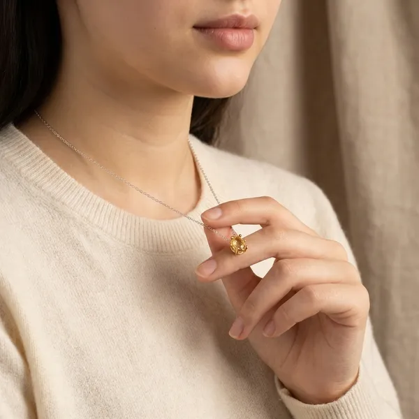 925_Silver_Jewellery_Yellow_Citrine_Delicate_Chain_Pendant_Necklace_For_Women