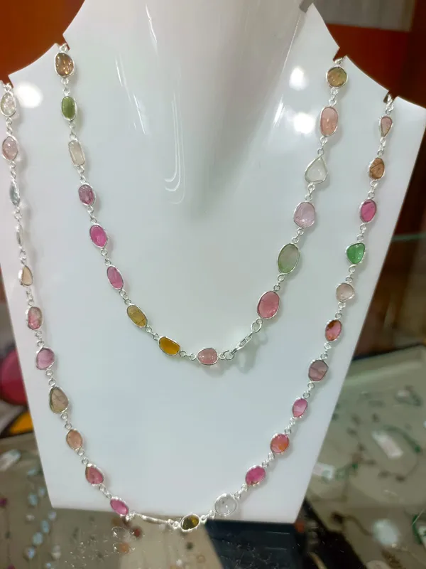 925_Silver_Jewellery_Multicolor_Tourmaline_Silver_Bezel_Long_Chain_Necklace_Set_For_Women