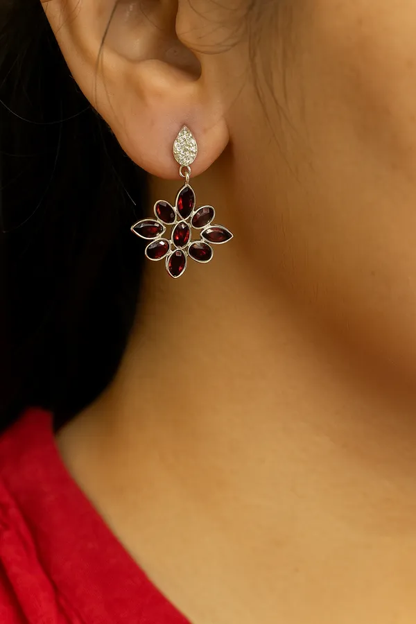 925_Silver_Jewellery_Red_Garnet_Floral_Stone_Dangle_Earrings_For_Women