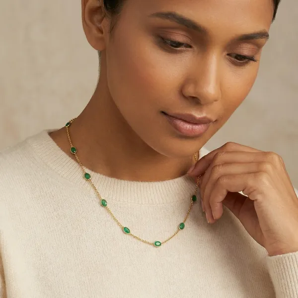 925_Silver_Jewellery_Green_Emerald_Gold_Tone_Chain_Necklace_For_Women
