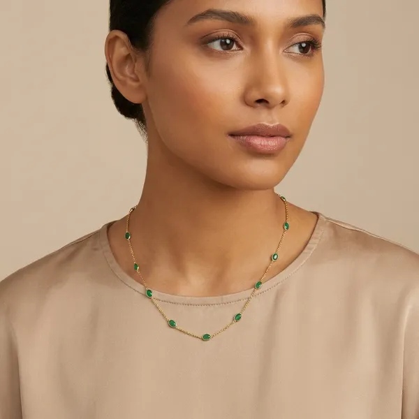925_Silver_Jewellery_Green_Emerald_Gold_Tone_Chain_Necklace_For_Women