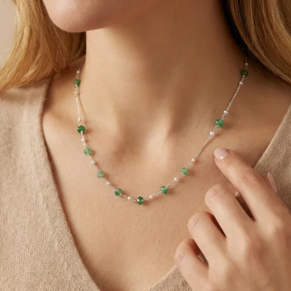 925_Silver_Jewellery_Green_Stone_Pearl_Silver_Chain_Necklace_For_Women