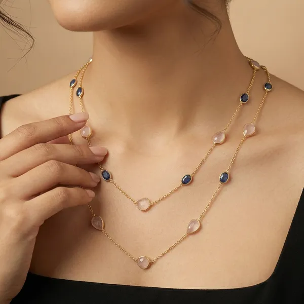 925_Silver_Jewellery_Pink_Morganite_Blue_Kyanite_Silver_Long_Necklace_For_Women