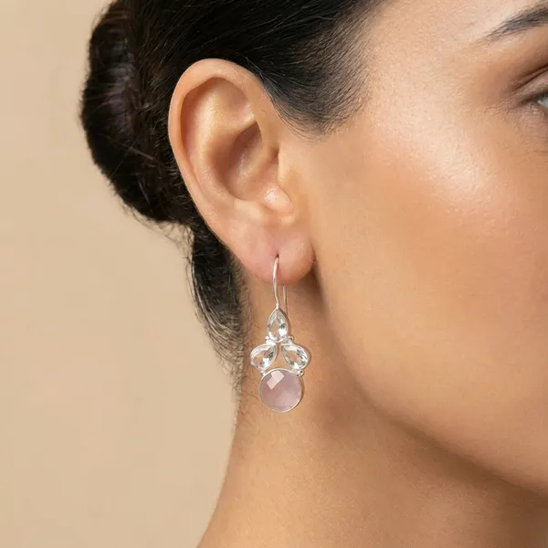 925_Silver_Jewellery_Pink_Rose_Quartz_Silver_Floral_Drop_Earrings_For_Women