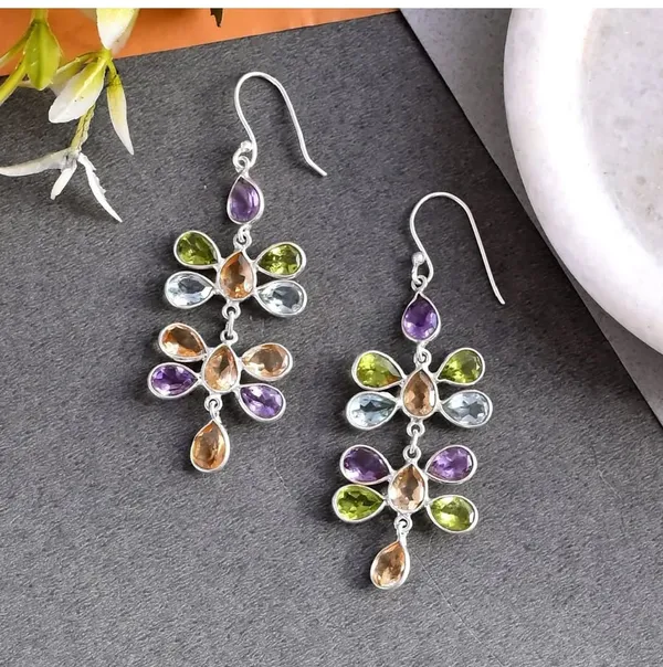 925_Silver_Jewellery_Multicolor_Gemstone_Floral_Sterling_Silver_Dangle_Earrings_For_Women