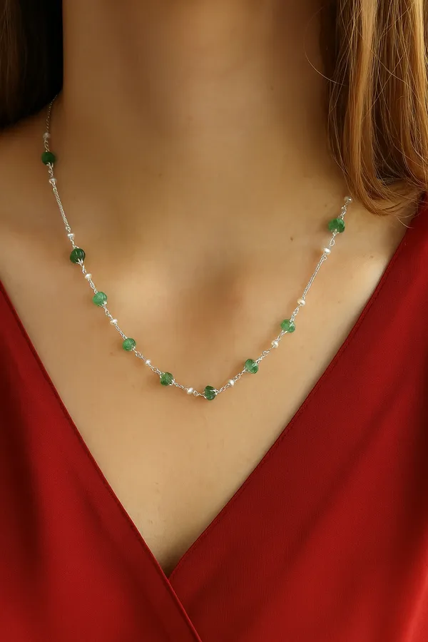 925_Silver_Jewellery_Green_Stone_Pearl_Silver_Chain_Necklace_For_Women