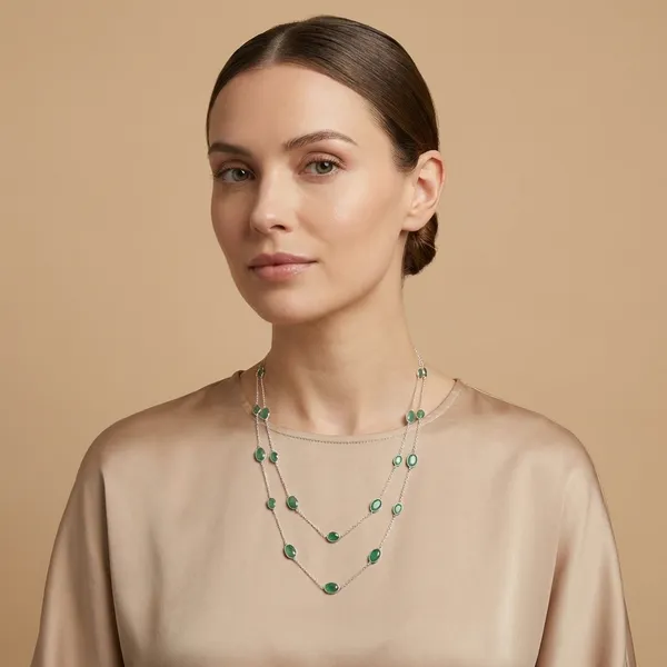 925_Silver_Jewellery_Green_Emerald_Silver_Long_Stone_Chain_Necklace_Set_For_Women