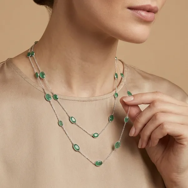 925_Silver_Jewellery_Green_Emerald_Silver_Long_Stone_Chain_Necklace_Set_For_Women