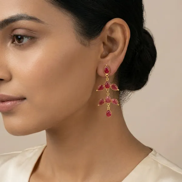 925_Silver_Jewellery_Red_Gold_Plated_Teardrop_Chandelier_Earrings_For_Women