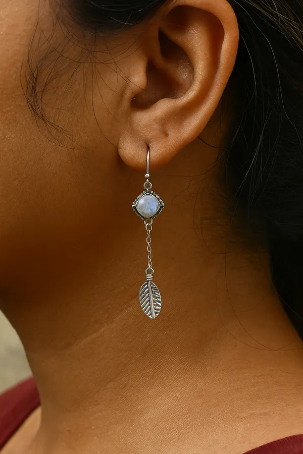 925_Silver_Jewellery_White_Moonstone_Silver_Tone_Leaf_Drop_Earrings_For_Women