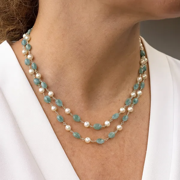 925_Silver_Jewellery_White_Pearl_Beryl_Multi_Strand_Bead_Necklace_For_Women
