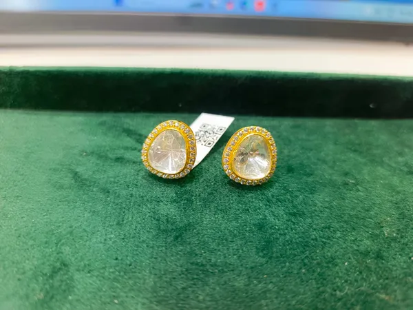 925_Silver_Jewellery_Gold_Plated_Polki_Oval_Stud_Earrings_For_Women