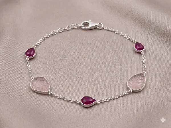 925_Silver_Jewellery_Ruby_Rose_quartz_Leaf_crafting_Beaclet