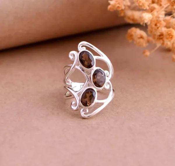 925_Silver_Jewellery_Brown_Smoky_Quartz_Silver_Tone_Triple_Stone_Statement_Ring_For_Women