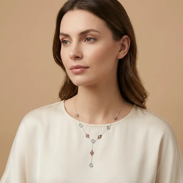 925_Silver_Jewellery_Blue_Topaz_Tourmaline_Flower_Necklace_For_Women