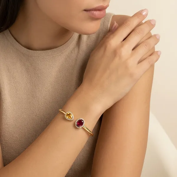 925_Silver_Jewellery_Red_Garnet_Yellow_Citrine_Two_Tone_Cuff_Bracelet_For_Women