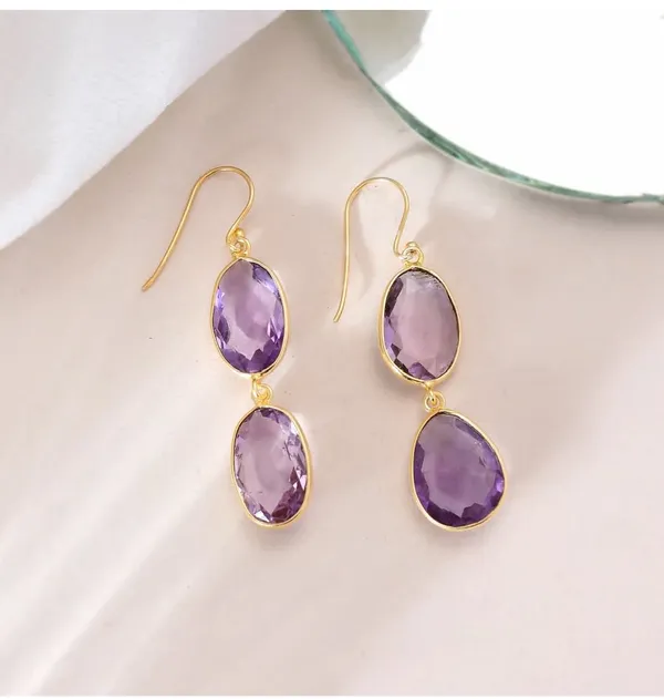 925_Silver_Jewellery_Purple_Amethyst_Gold_Plated_Drop_Earrings_For_Women