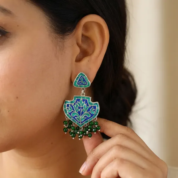 925_Silver_Jewellery_Blue_Green_Meenakari_Beaded_Tassel_Dangle_Earrings_For_Women