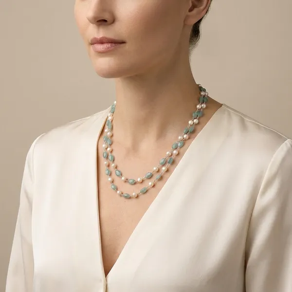 925_Silver_Jewellery_White_Pearl_Beryl_Multi_Strand_Bead_Necklace_For_Women