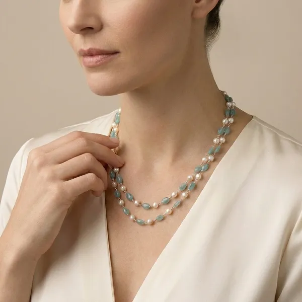 925_Silver_Jewellery_White_Pearl_Beryl_Multi_Strand_Bead_Necklace_For_Women