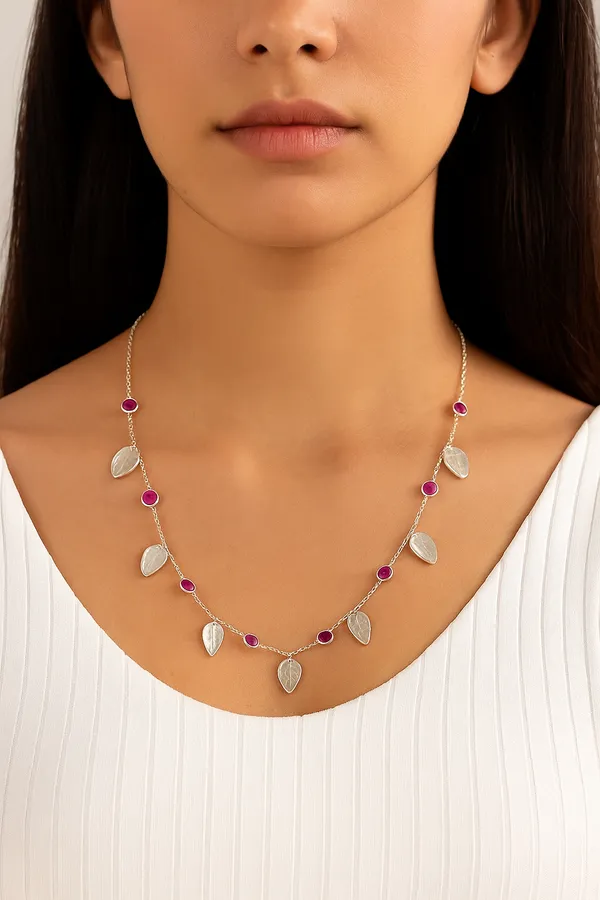 925_Silver_Jewellery_Red_Ruby_Moonstone_Leaf_Necklace_For_Women