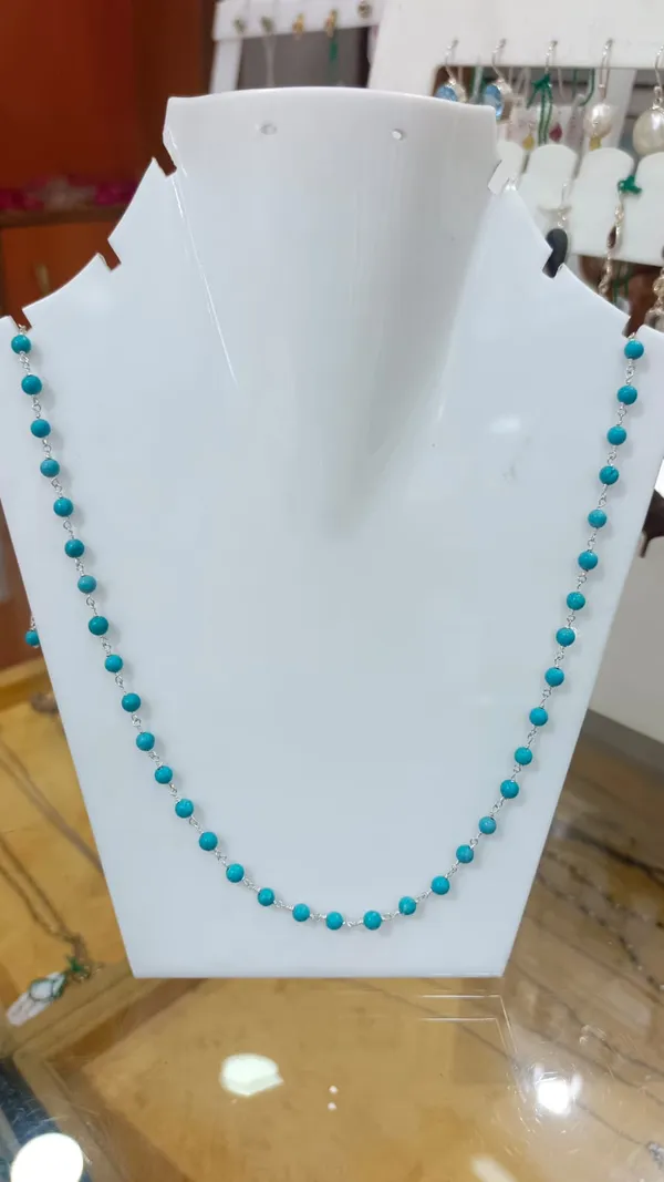 925_Silver_Jewellery_Blue_Turquoise_Beaded_Chain_Necklace_For_Women