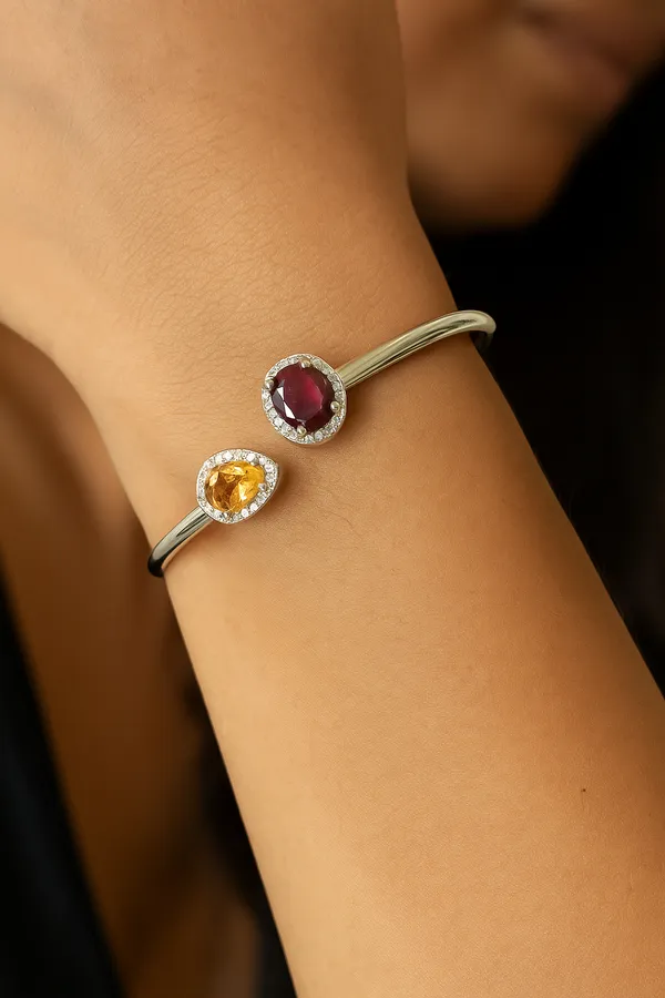925_Silver_Jewellery_Red_Garnet_Yellow_Citrine_Two_Tone_Cuff_Bracelet_For_Women