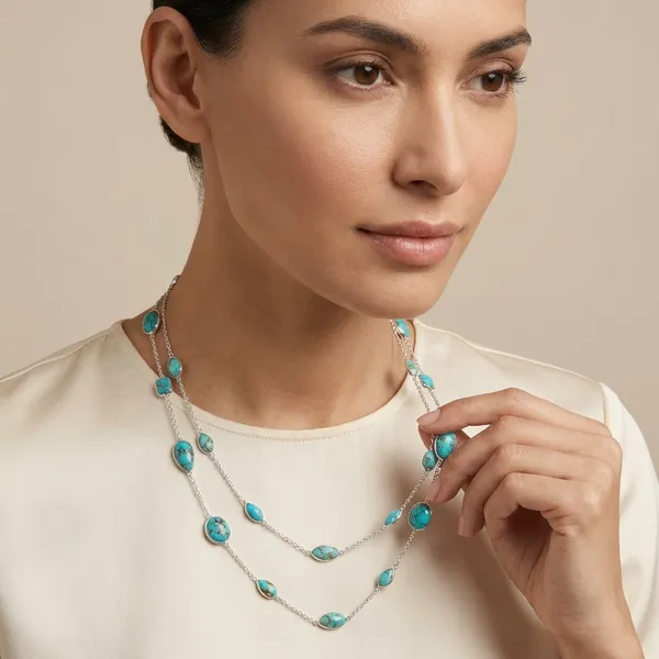 925_Silver_Jewellery_Blue_Turquoise_Silver_Long_Chain_Necklace_Set_For_Women