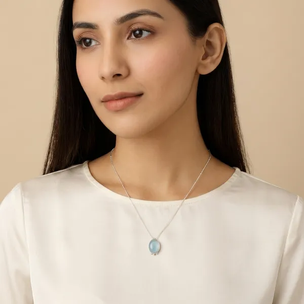 925_Silver_Jewellery_Blue_Stone_Silver_Chain_Oval_Pendant_Necklace_For_Women
