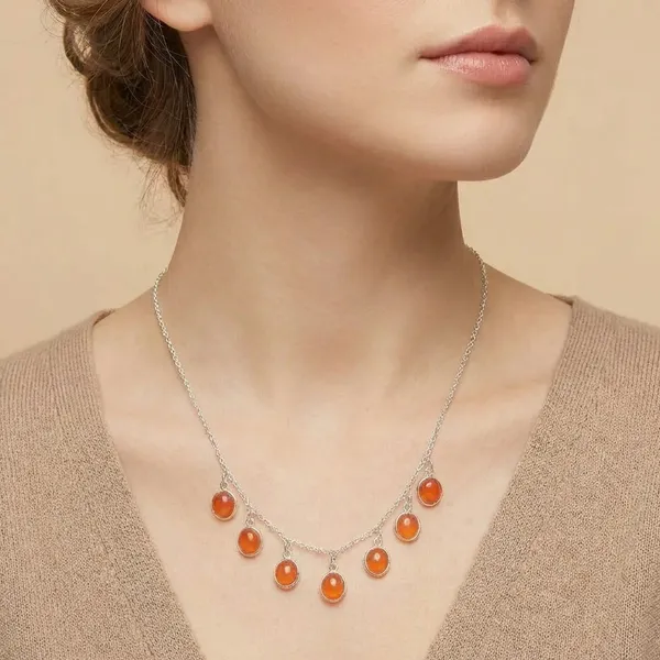 925_Silver_Jewellery_Orange_Carnelian_Silver_Chain_Seven_Pendant_Necklace_For_Women