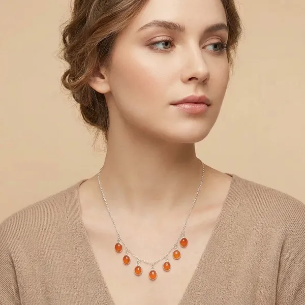 925_Silver_Jewellery_Orange_Carnelian_Silver_Chain_Seven_Pendant_Necklace_For_Women