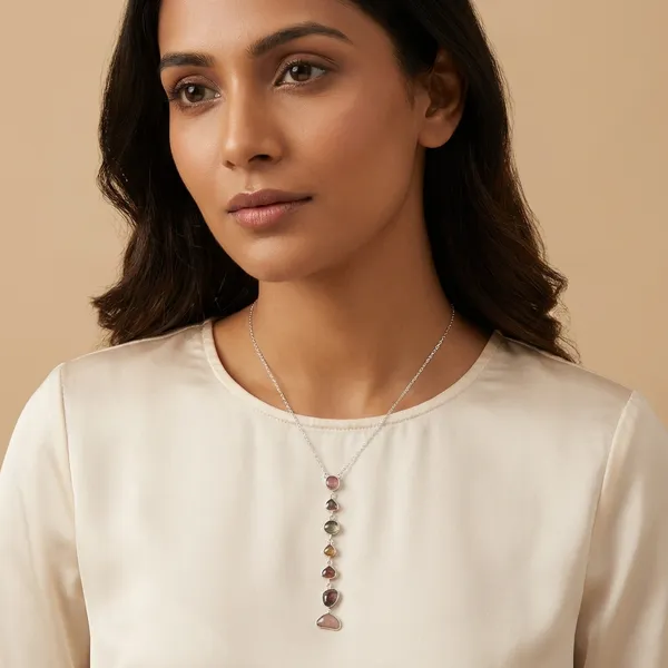 925_Silver_Jewellery_Multicolor_Tourmaline_Silver_Vertical_Drop_Necklace_For_Women