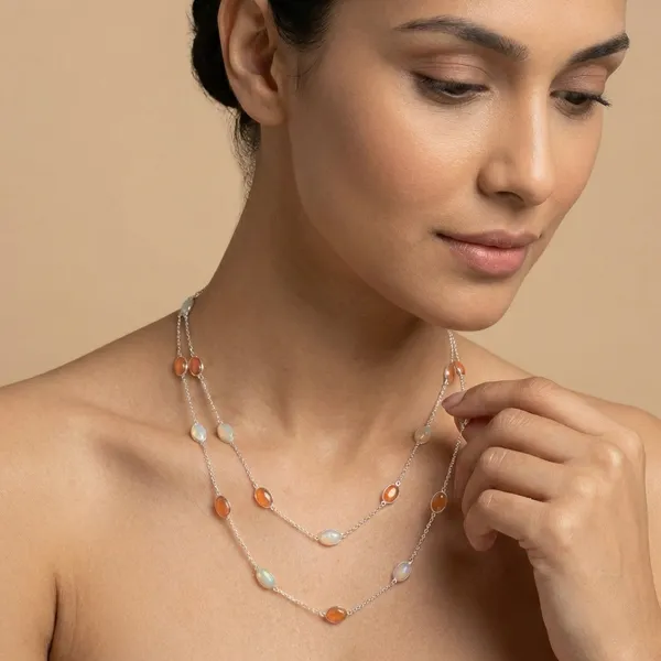 925_Silver_Jewellery_White_Opal_Kyanite_Silver_Long_Chain_Necklace_Set_For_Women