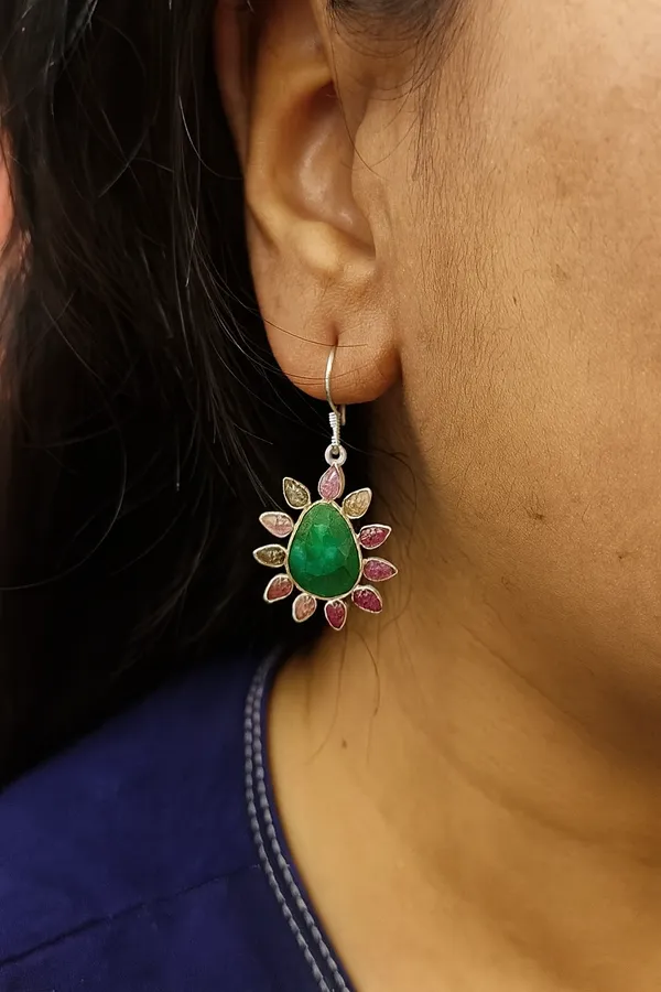 925_Silver_Jewellery_Green_Emerald_Tourmaline_Floral_Stone_Drop_Earrings_For_Women