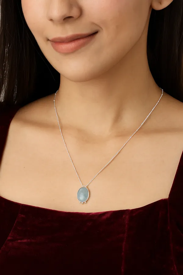 925_Silver_Jewellery_Blue_Stone_Silver_Chain_Oval_Pendant_Necklace_For_Women