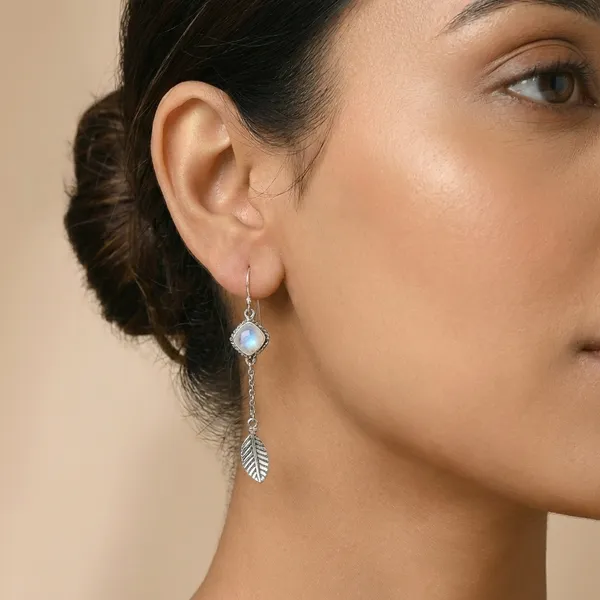925_Silver_Jewellery_White_Moonstone_Silver_Tone_Leaf_Drop_Earrings_For_Women