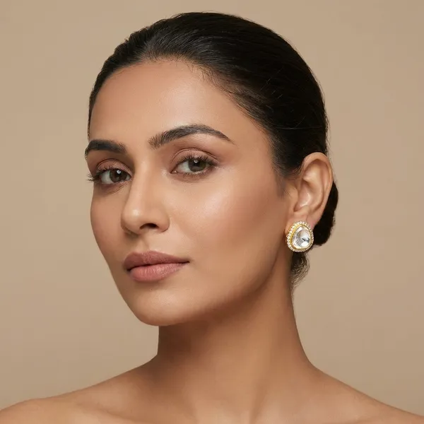 925_Silver_Jewellery_Gold_Plated_Polki_Oval_Stud_Earrings_For_Women