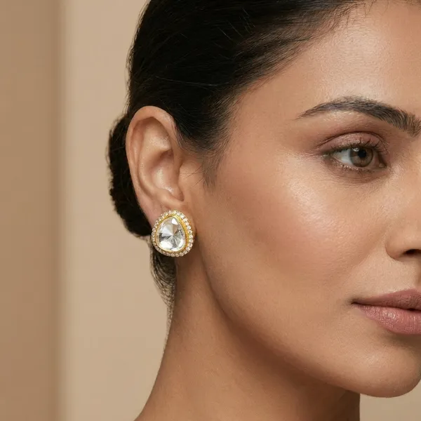 925_Silver_Jewellery_Gold_Plated_Polki_Oval_Stud_Earrings_For_Women