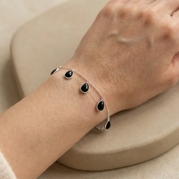 925_Silver_Jewellery_Black_Onyx_Adjustable_Chain_Teardrop_Bracelet_For_Women