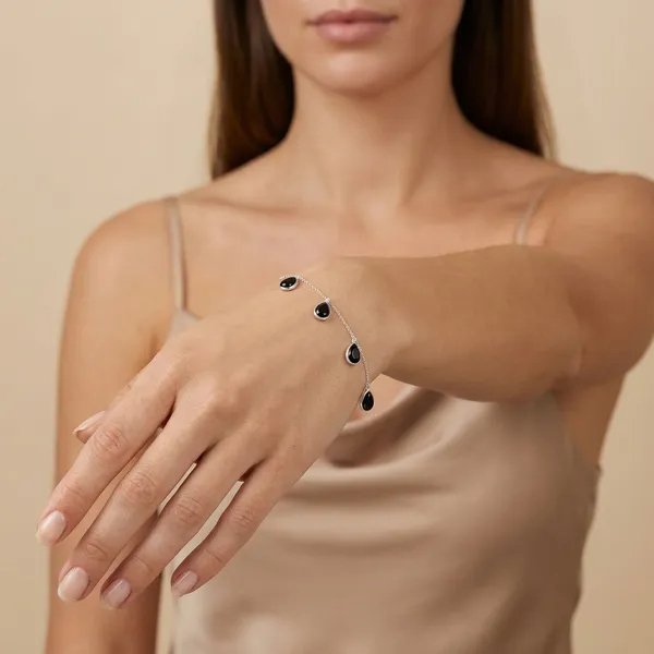 925_Silver_Jewellery_Black_Onyx_Adjustable_Chain_Teardrop_Bracelet_For_Women